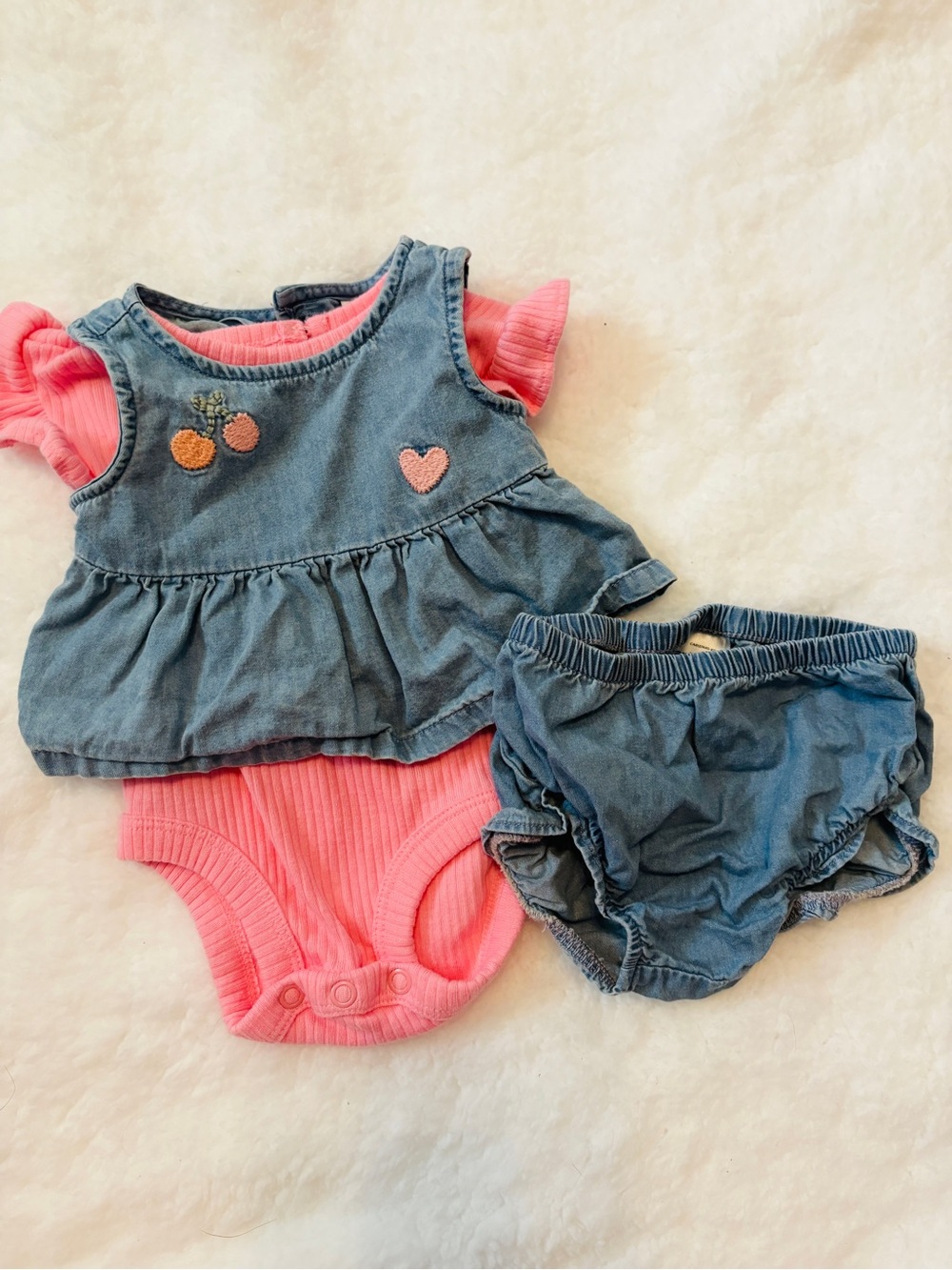 Carter's Pink Ribbed Bodysuit with Denim-Style Ruffle Top and Bloomer Set